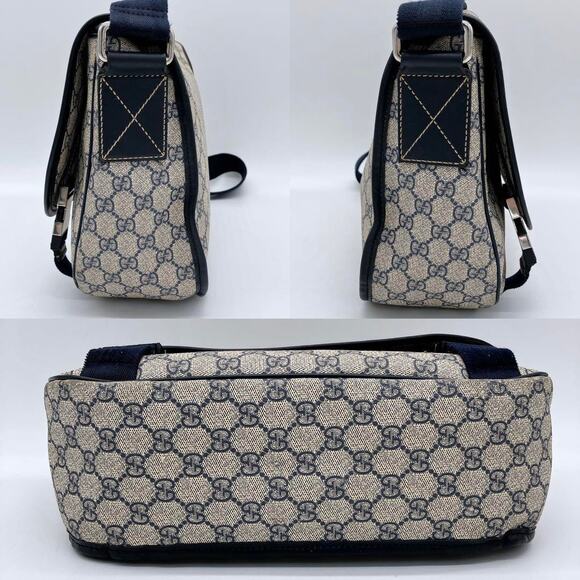 Authentic Gucci GG Logo Plus Supreme Messenger Bag Monogram Flap Tote Tan Navy - Picture 5 of 10